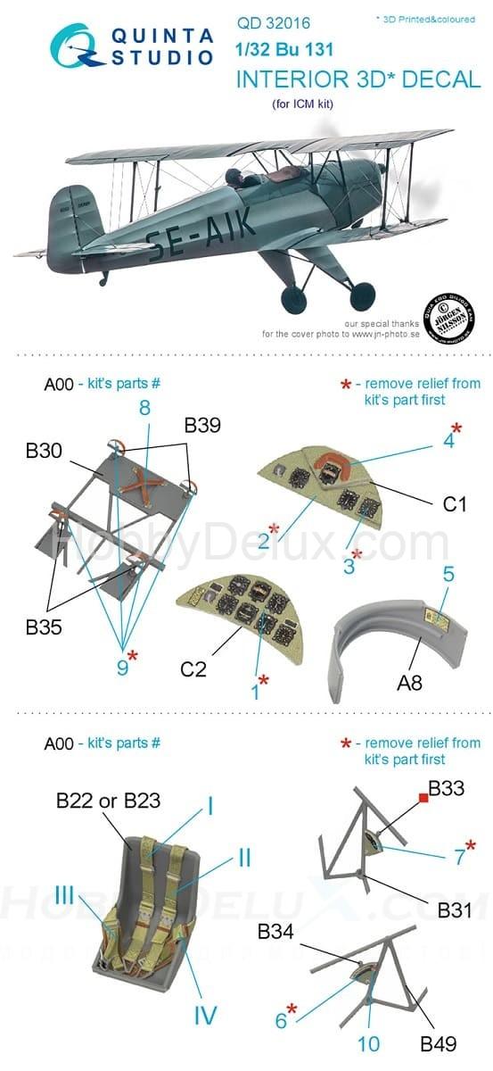 3D Декаль интерьера кабины Bu 131 для модели ICM QD32016