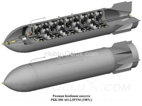 РБК-500 ПТАБ-1, разовая бомбовая кассета калибра 500 кг с противотанковыми кумулятивными  боевыми элементами (в комплекте две РБК-500).